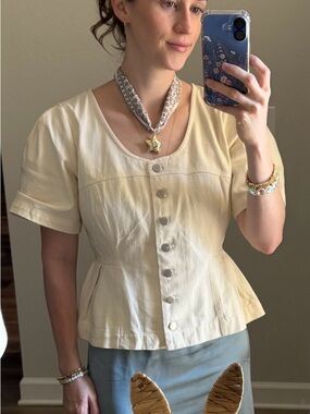 Cream Short-Sleeve Button-Front Peplum Top